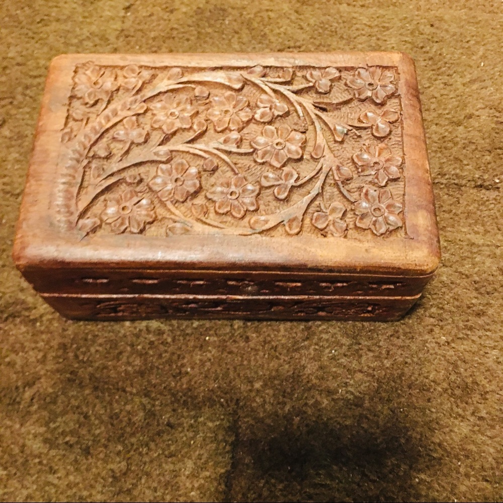Antique Hand Carved Wooden Jewelry Box